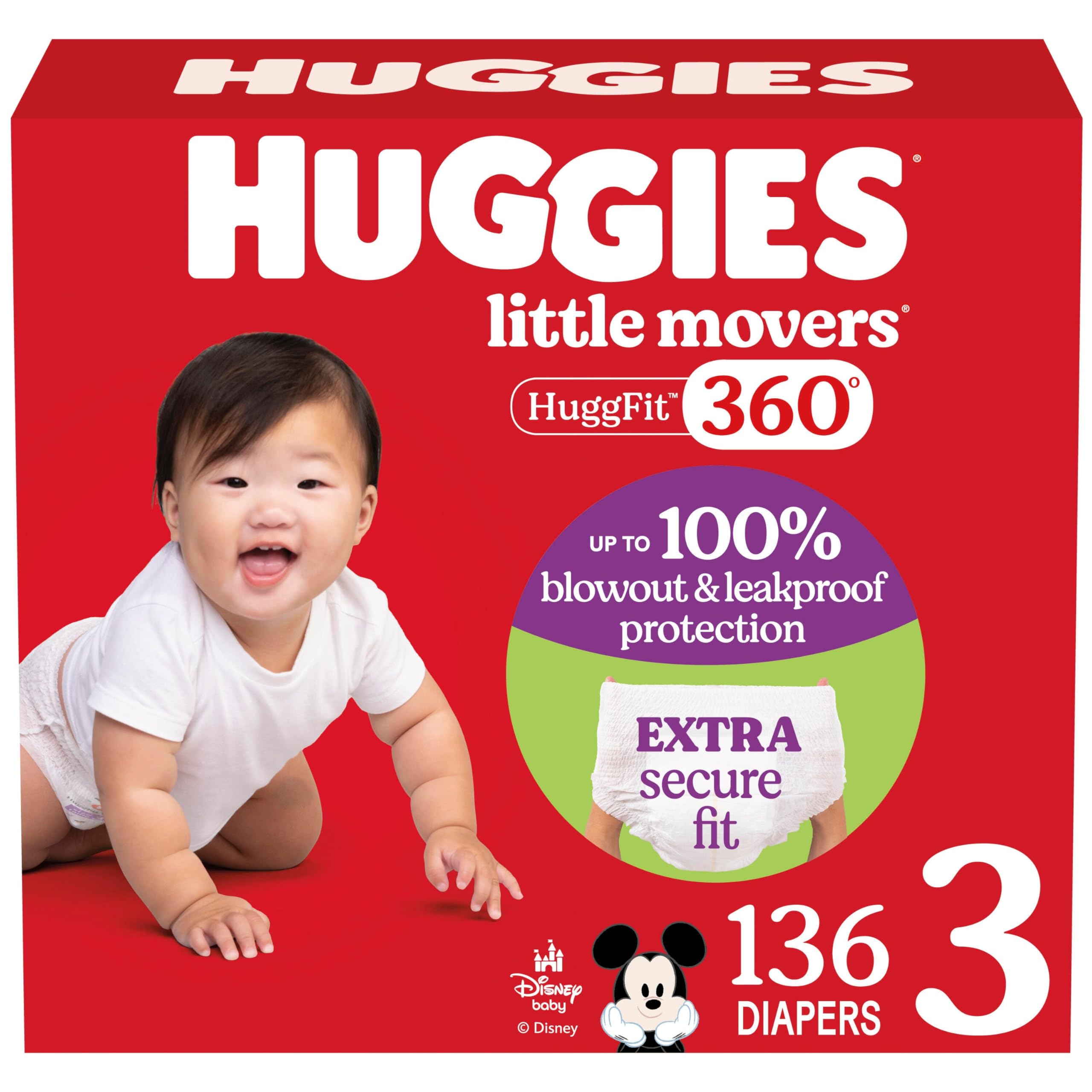 Huggies Size 3 Baby Diapers, Little Movers HuggFit 360° Baby Diapers with 360° Waistband, Size 3 (16-28 lbs), 136 Count, Packaging May Vary
