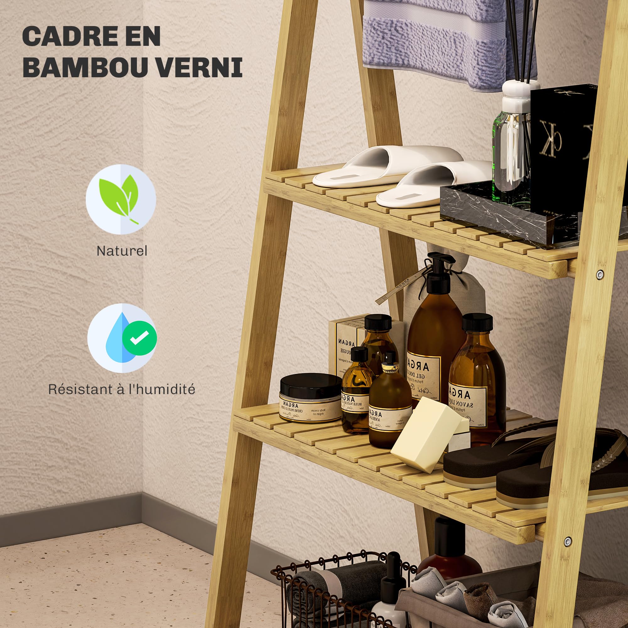 HOMCOM Étagère Salle de Bain en Bambou Pliable 3 Niveaux au Sol étagère à échelle avec Porte-Serviettes, présentoir de Plantes pour Salon, Salle à Manger, Balcon, 53,5x30x153cm, Effet Bois Naturel