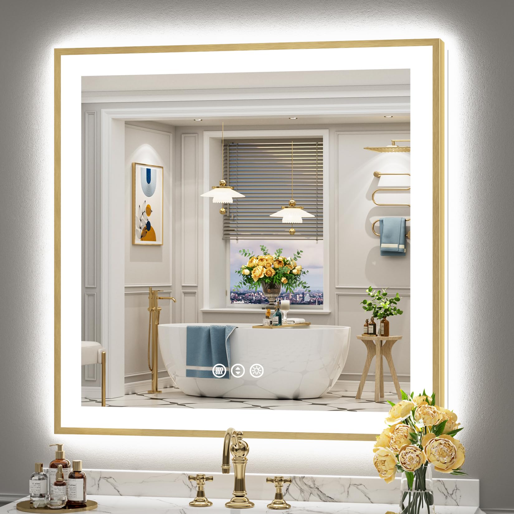 36x36 Gold LED Bathroom Mirror with Lights, Lighted Vanity Mirror