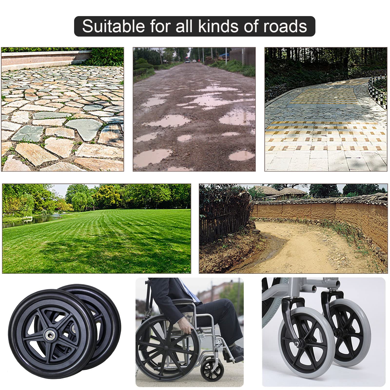 Solid TyreWheelchair Koło przednie zamienne - Koło gumowe antypoślizgowe z łożyskiem i śrubą montażową do wózków inwalidzkich, balkoników, chodzików - zawiera kółka zamienne