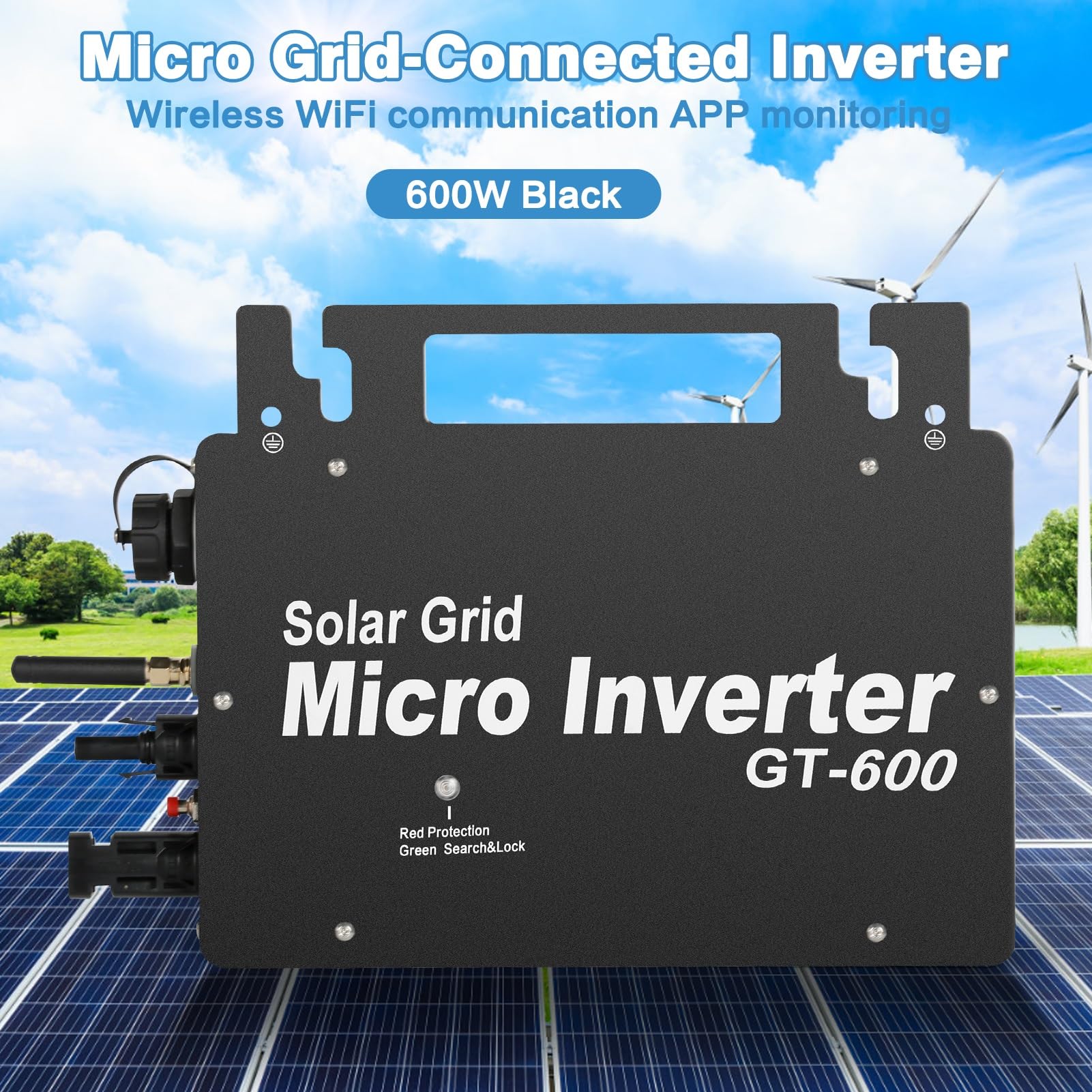 DeWin Onduleur Solaire, Micro Onduleur Solaire 600W Grid Tie Inverter MPPT Onduleur Solaire Étanche Onduleur de Grille Solaire avec Application de Communication WiFi Surveillance AC220V