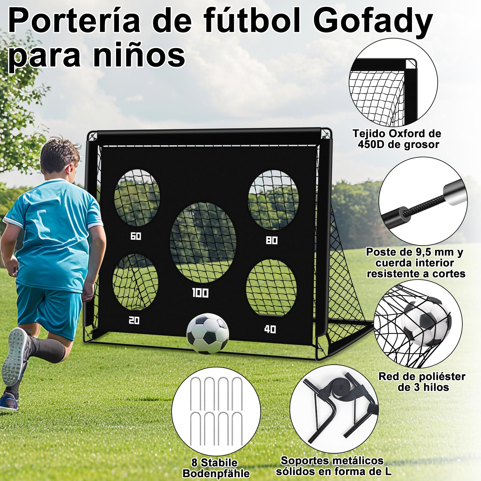 Juego de porterías de fútbol infantiles para jardín, portería de fútbol plegable con pared + 12 conos + escalera de agilidad + 8 clavos en forma de U, juego de entrenamiento de fútbol para