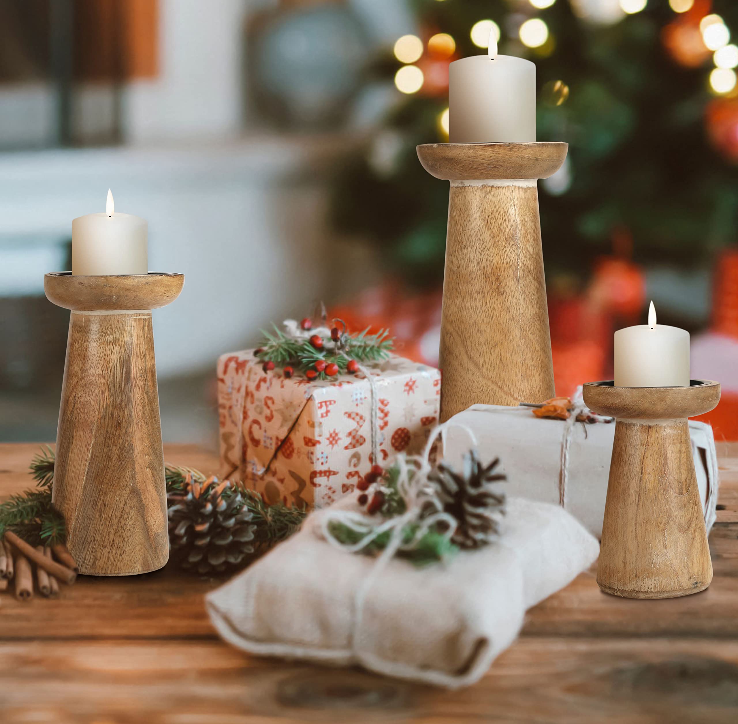 Hand Crafted Wooden Pillar Candle Holder Set of 3, Ideal for LED and Pillar Candle, Gift for Wedding, Christmas, Party, Home, Spa, Reiki, Aromatherapy, Votive Candle Garden - 10,8,6 Inch - White Wash