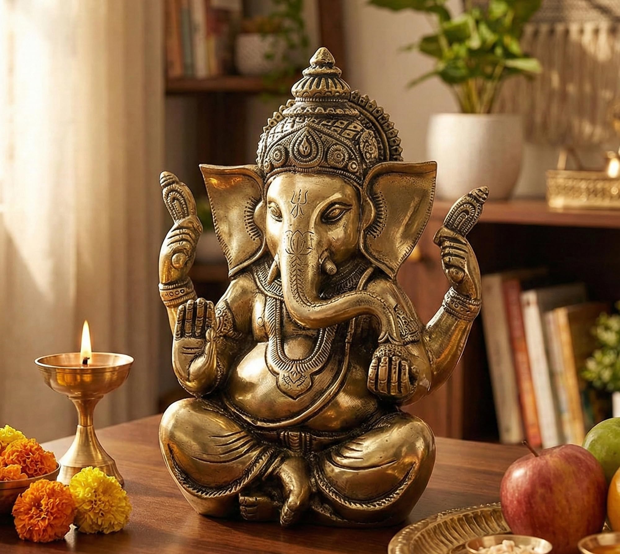 Esplanade Brass (Gold/Yellow) 8" Brass Ganesha In Antique Finish | Pooja Puja Ganesh Ganesha Ganpati Ganapati Murti Idol (8" Ganesh Big)