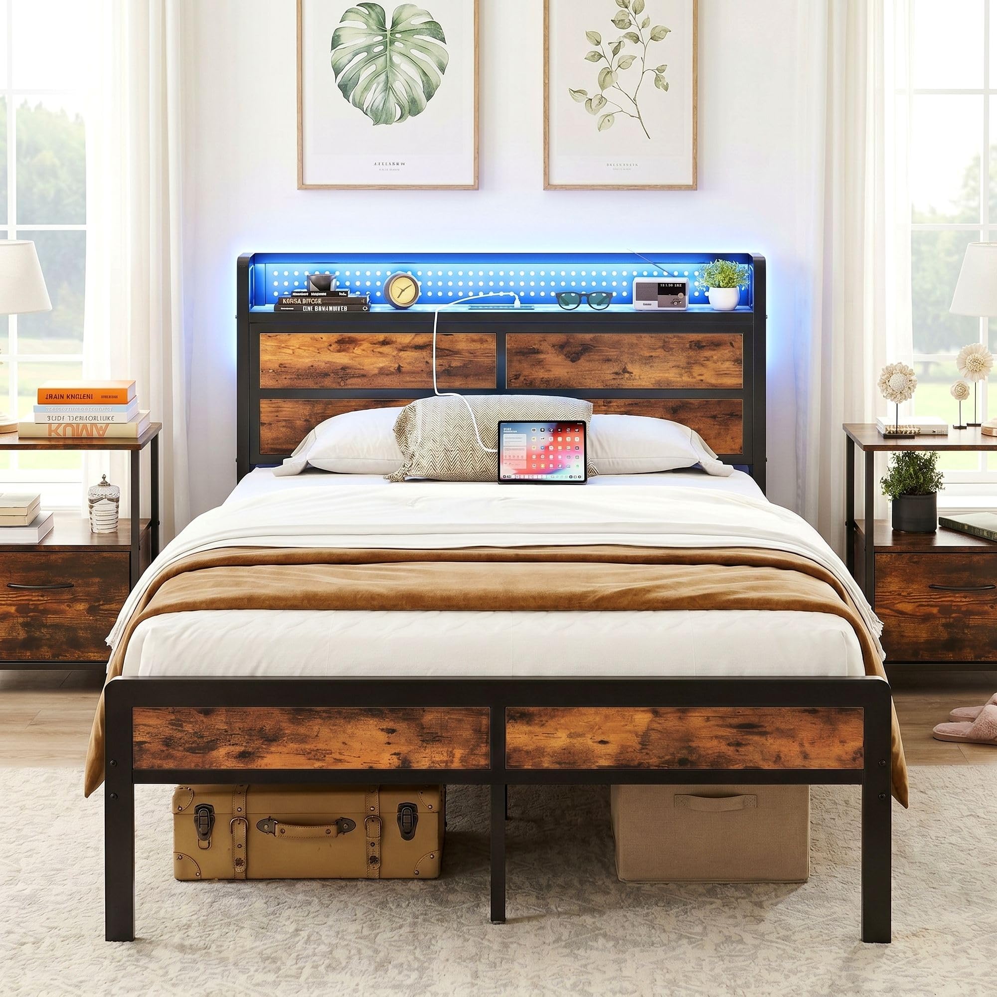 IRONCK Small Double Bed Frame with Storage Headboard & LED Lights, Platform Bed Frame Small Single with Charging Station, Metal Bed Frame, UnderBed Storage/Mattress Foundation, Vintage Brown