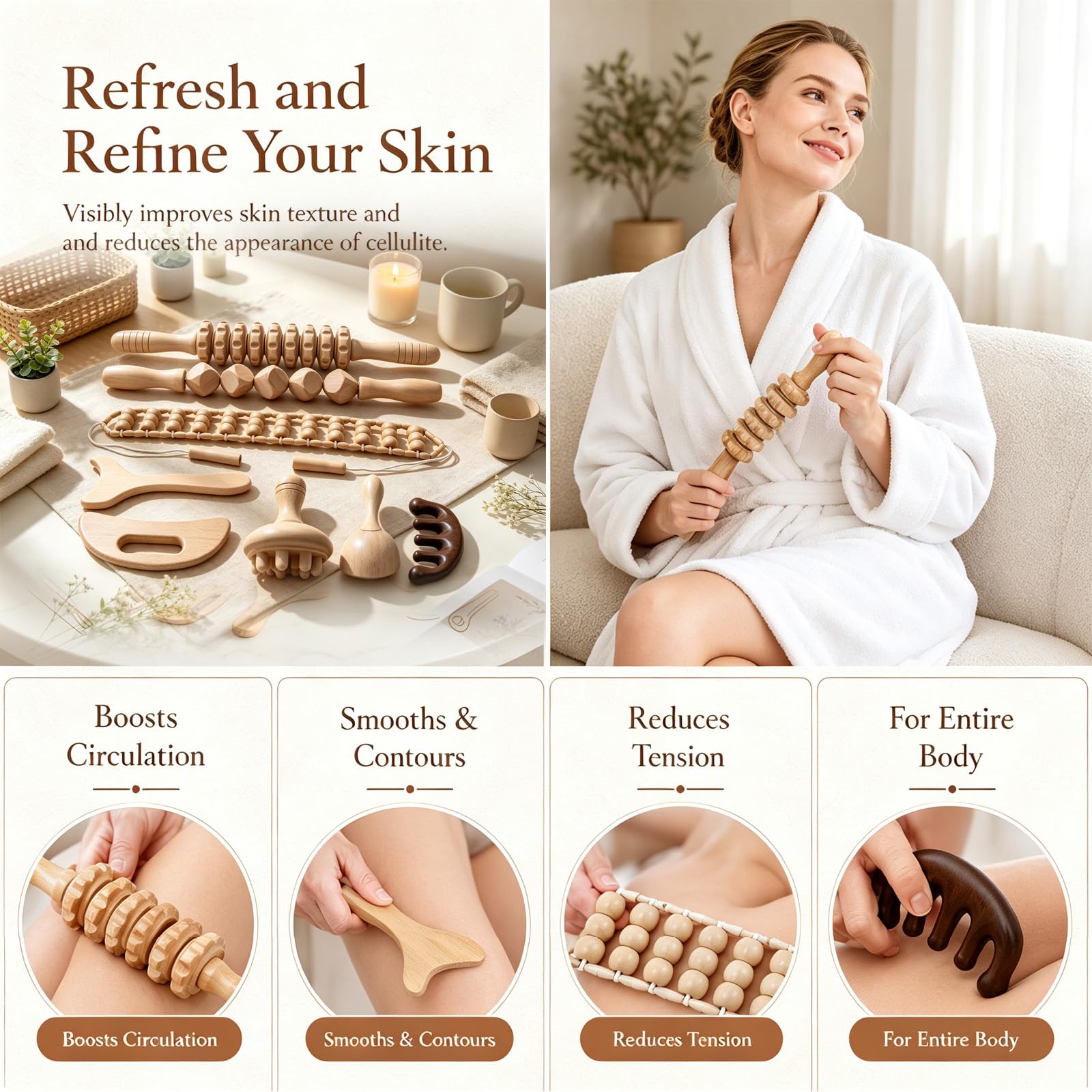 Set di massaggio in legno 8 in 1, massaggiatore anticellulite, asta per il drenaggio linfatico, rullo massaggiante per gambe, schiena, collo, strumento di tonificazione del corpo, regalo benessere