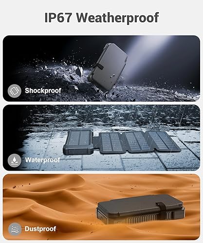 Miniatura 6 de Banco de energía impermeable para exteriores con 4 paneles solares, carga rápida USB-C, linterna, SOSestroboscópico, soporte de ventosa para iPhone,