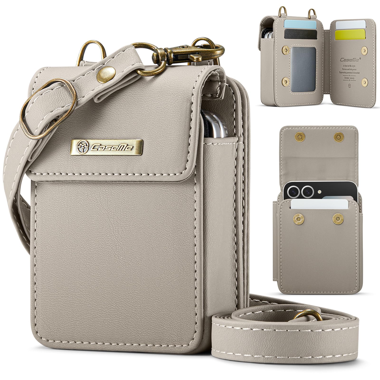 XIMAND Flip Wallet Bag with 5 Card Slots Cash Solt Zipper Pocket, RFID Blocking Hand and Crossbody Shoulder Strap.Grey