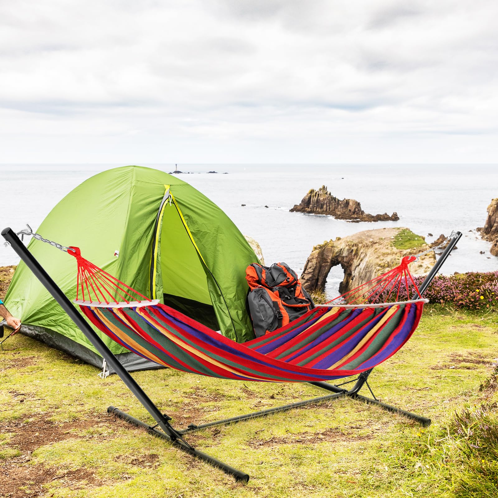 GOPLUS Soporte de Hamaca Universal portátil, Carga máxima 150 KG Material de Hierro, Resistente con Cadena para Colgar, Negro para jardín Camping Balcón, 325 x 100 x 106 CM