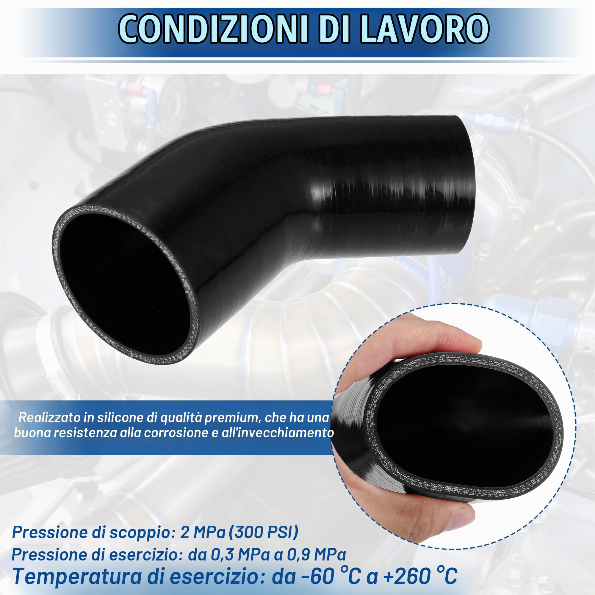 QUARKZMAN Gomito Riduttore 45° Silicone Flessibile 2.5-3.0" Nero 1pc | 4 Strati, Diametro 63/76mm, Lunghezza 102mm, Temperatura -60°C~+260°C, Pressione 0.3-0.9Mpa, Per Turbo, Intercooler
