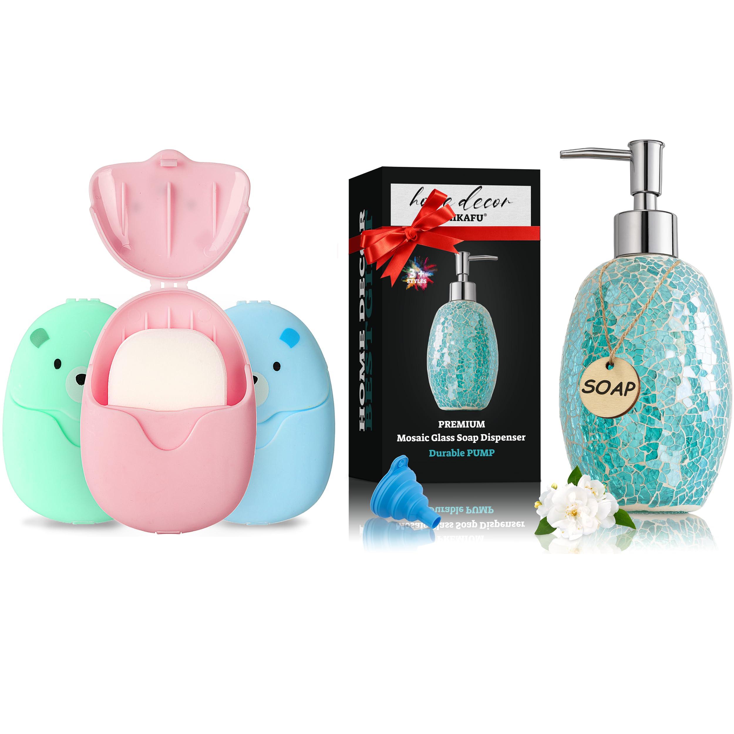 BAIKAFU cleanliness set, 3 Boxes (150 Sheets) Mini Portable Disposable Travel Paper Soap Sheets & Turquoise Soap Dispenser