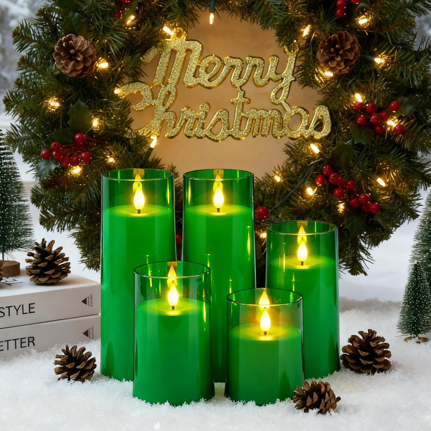 raycare st. patrick's day flameless candles battery operated with remote timer, acrylic flickering led pillar candle for christmas decoration, home decor, gift for family and friend, green, set of 5 green-5pcs