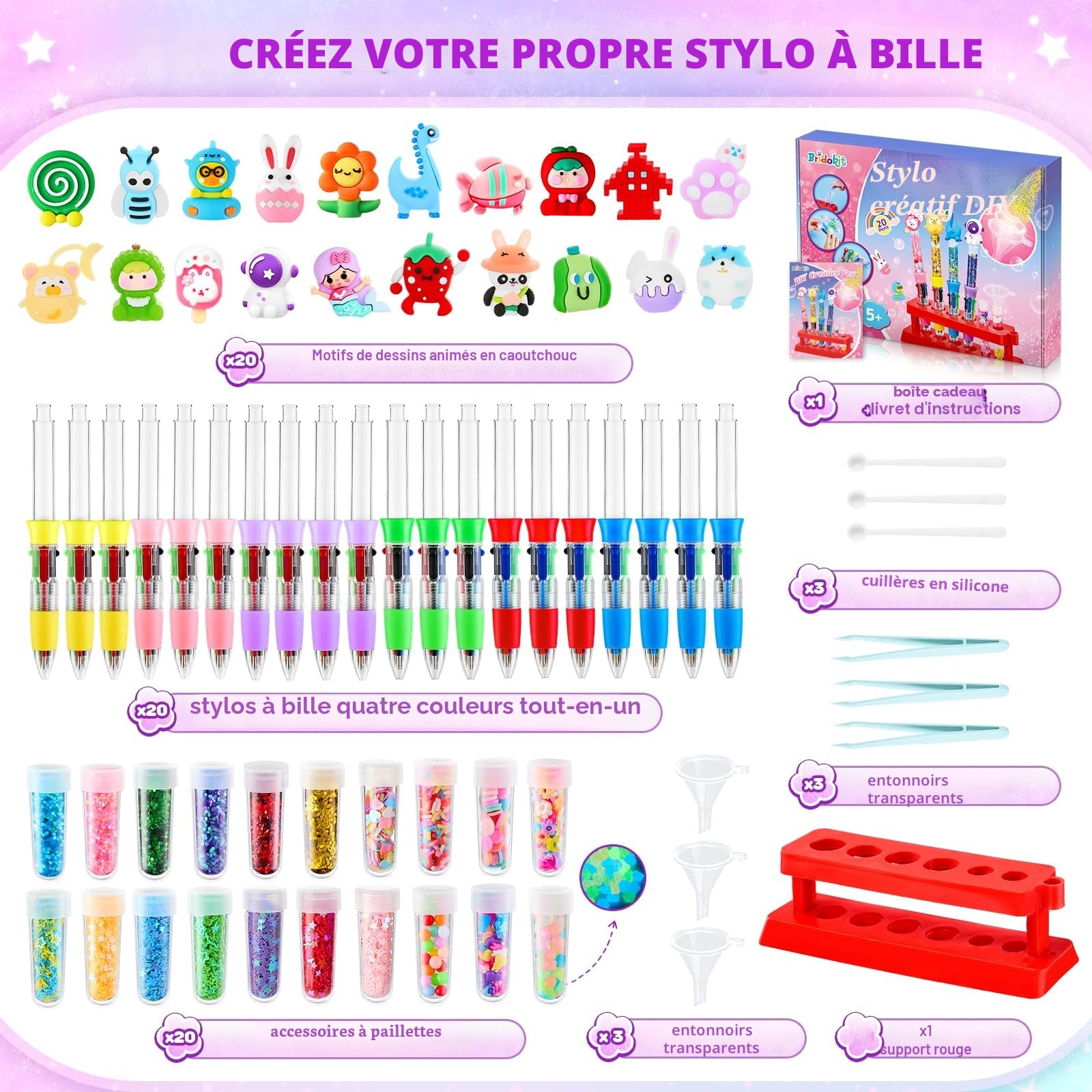 Fabrique a Stylo avec 70+ PCS, Kit de Fabrication de Stylos Artisanaux pour Enfants, 20 Kits de Stylos à Bille Rétractables Personnalisés, Cadeau Fille 5 6 7 8 9 10 Ans