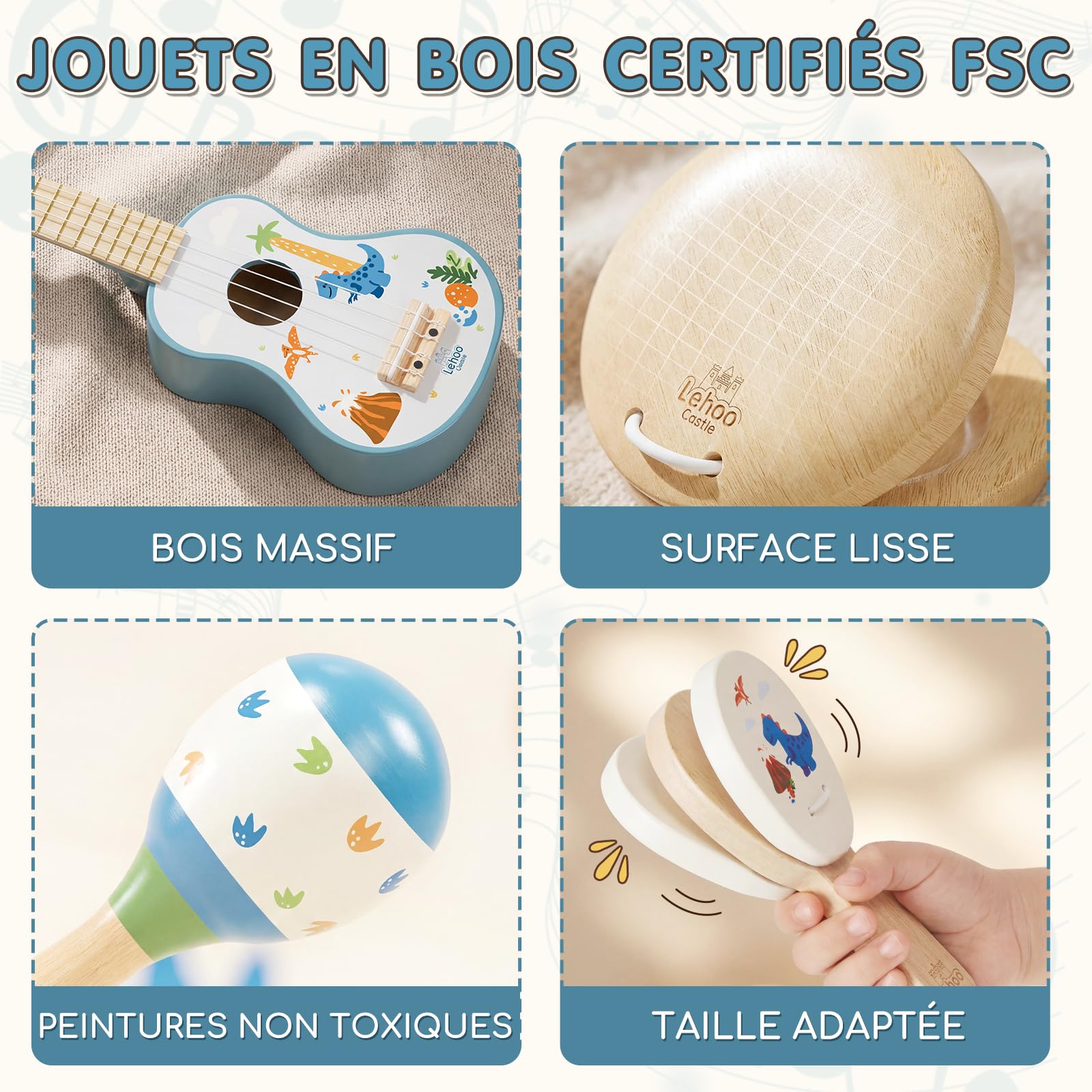 Lehoo Castle Guitare Enfant 1 2 3 Ans avec Bois Instruments de Musique Bebe | Jeu cadeau enfant 2 ans, Ukulélé en Bois avec Tambourin, Flûte, Maracas et Hochet, Montessori Jouet Musical Educatif