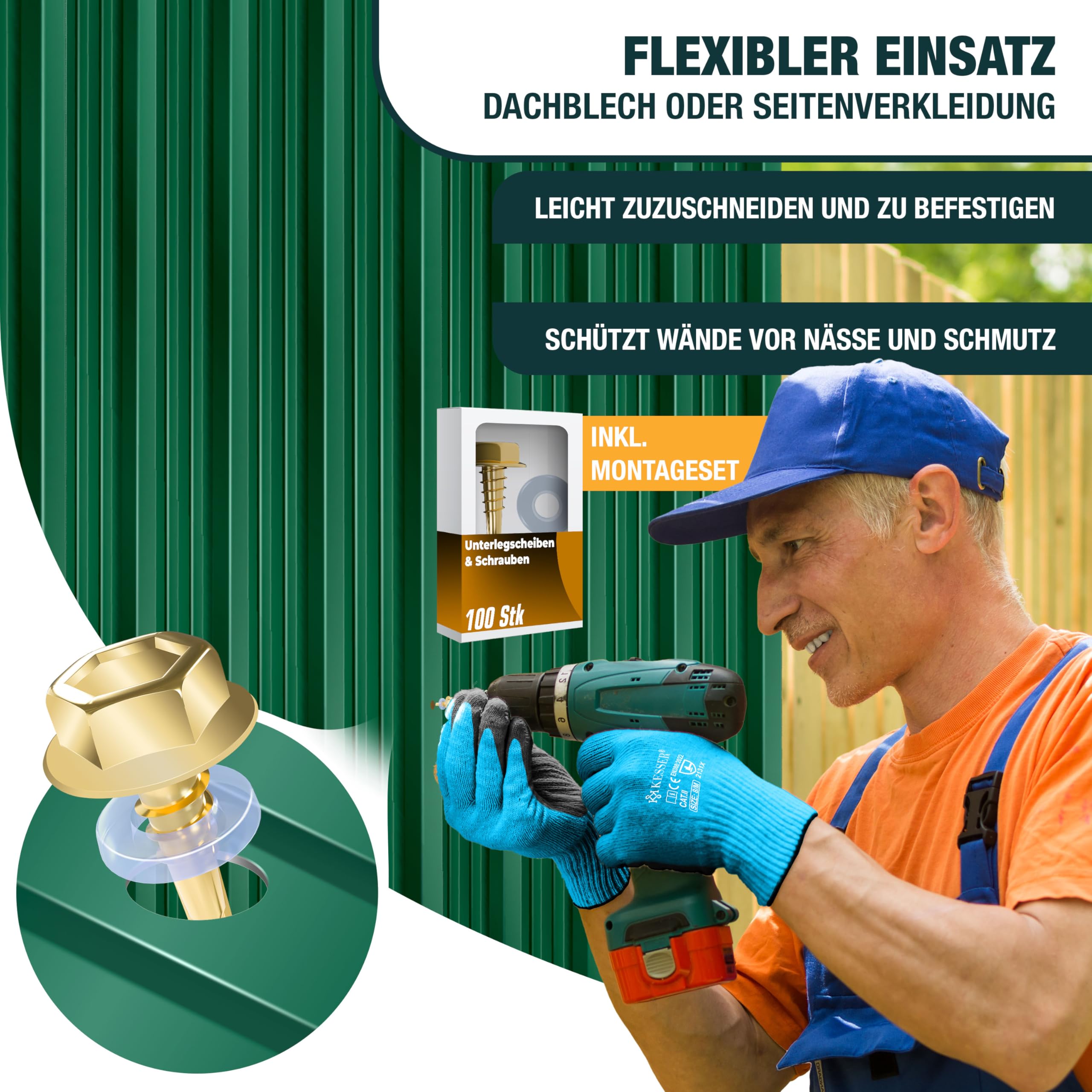 KESSER® - 14 lamiere profilate trapezoidali, 110 x 46 cm = 7 m², lamiera per capannone, in acciaio zincato, 0,25 mm, inclusi guanti per il montaggio, verde