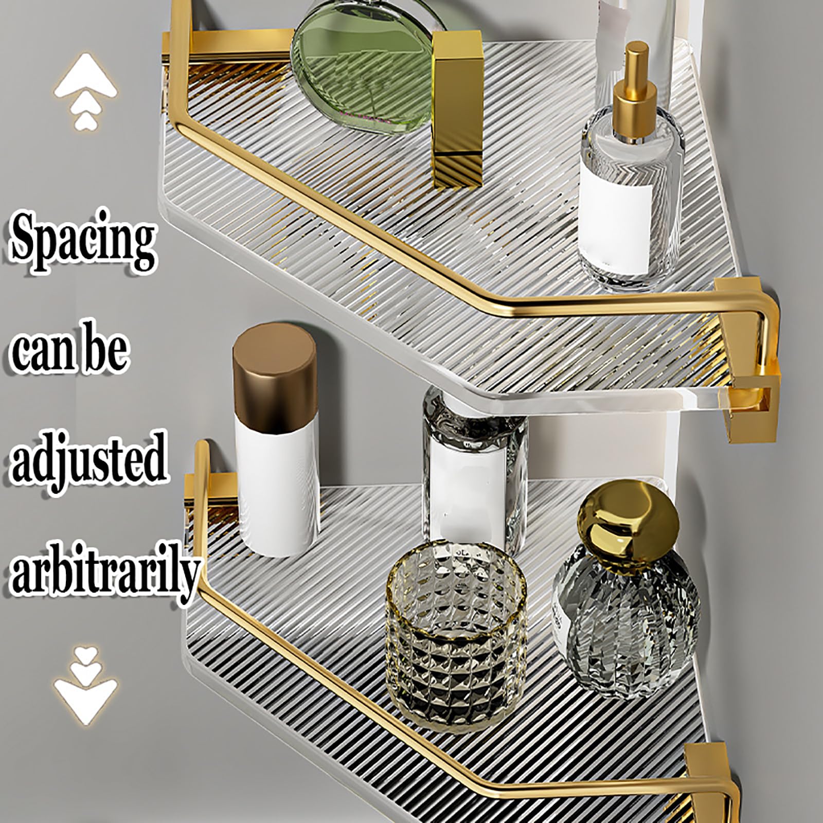 Mensola doccia angolare impermeabile, senza fori, in acrilico, antiruggine, per shampoo e accessori, finitura dorata, ideale per bagno e cucina (1 strato)