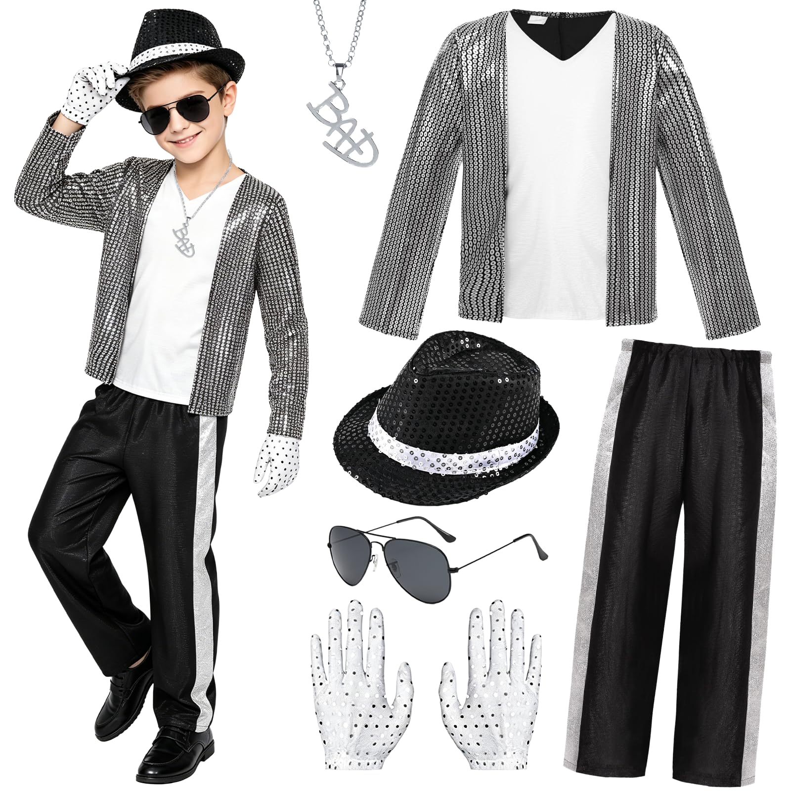 Orizizhic Pop Super Star Costume for Boys Kids, 5 Pcs 80s 90s Pop Stage Outfits with Black Sequin Jacket Trousers Hat Glove Necklace for Halloween Cosplay Party Age 8-9 Years