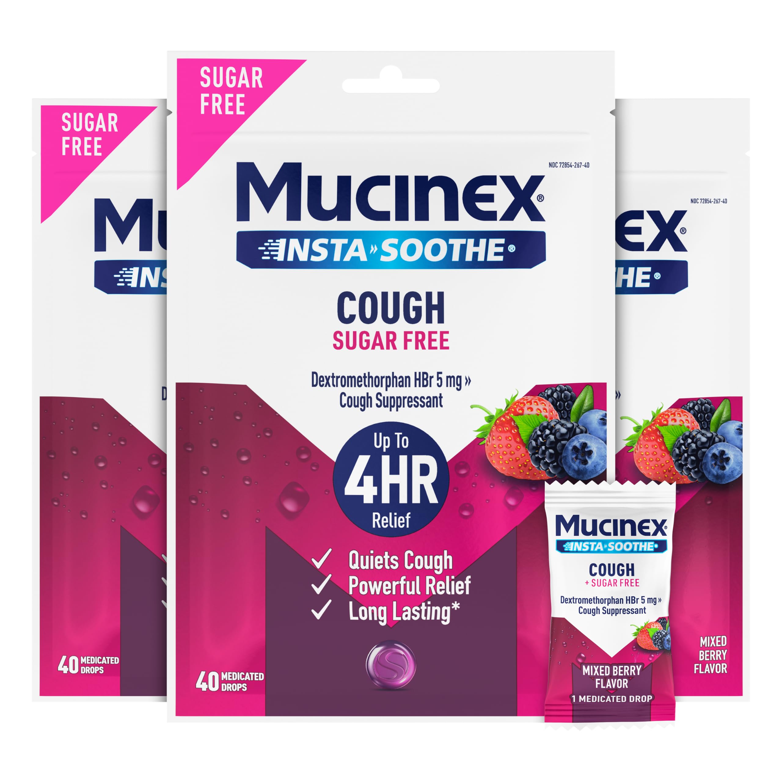 Mucinex Instasoothe Sugar Free Cough-Drops, Cough Medicine for Adults with Dextromethorphan HBr, Non Menthol, Cough Suppressant Lozenges, Mixed Berry Medicated Cough-Drops, 40ct (Pack of 3)