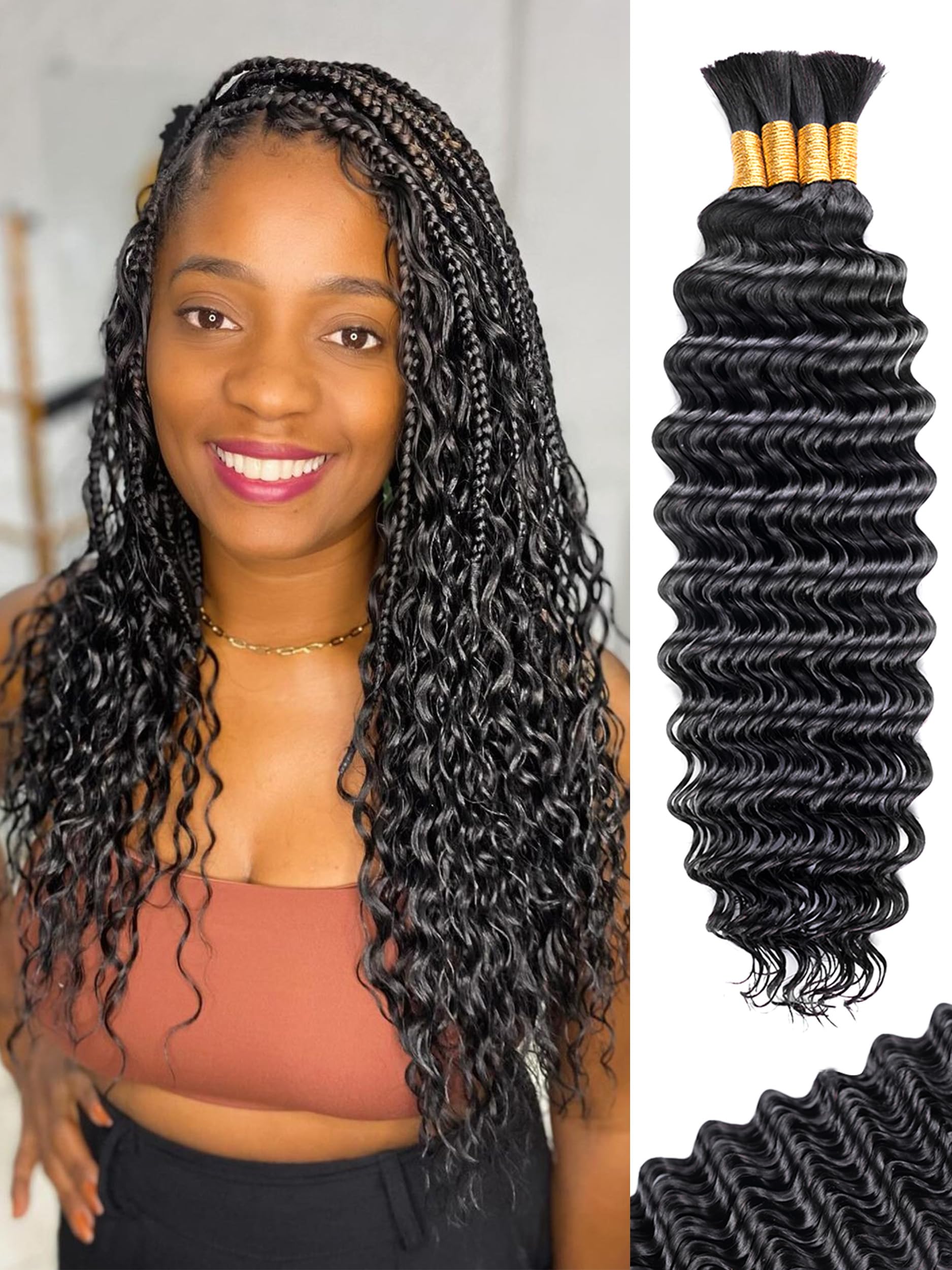 KULYMUWIG Human Braiding Hair for Boho Braids 16 Inch 100 g 4 Bundles Deep Wave Bulk Human Hair for Braiding No Weft 10A Curly Human Hair Extensions