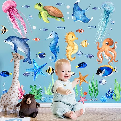 Miniatura 6 de 4 hojas de calcomanías de pared de peces marinos bajo el mar, calcomanías extraíbles de animales marinos, animales marinos, decoración de pared para