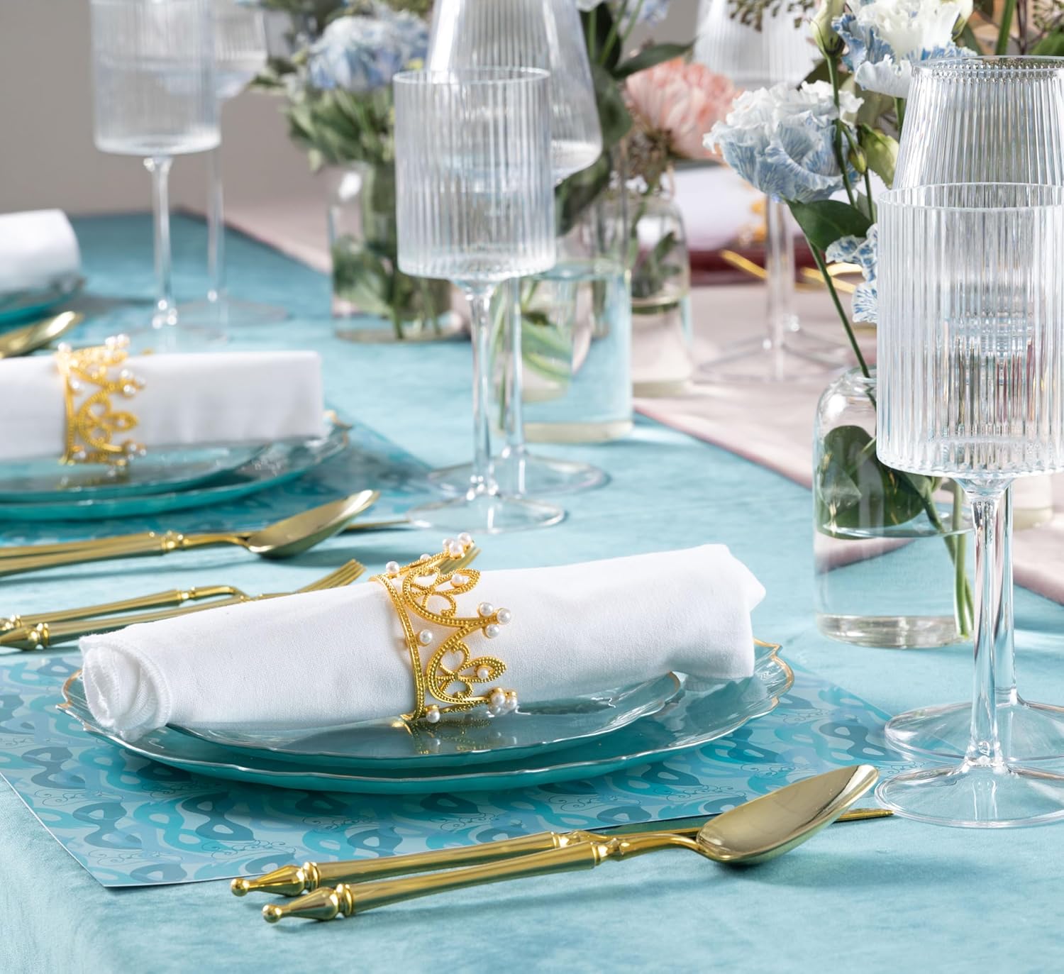 PLASTICPRO 48 Piece Aristocratic Pearl Blue Combo Plastic Dinner Plates Disposable Plastic Fancy Heavy Duty Party Dishes 24, 7'' inch and 24, 10'' inch, Pearl Blue With Gold Rim