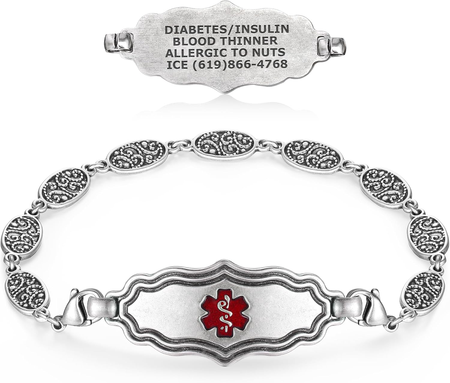 Divoti Custom Engraved Medical Alert ID Bracelets for Women | Heritage Silver Filigree with Link Chain | 4-Line Personalized Emergency ID
