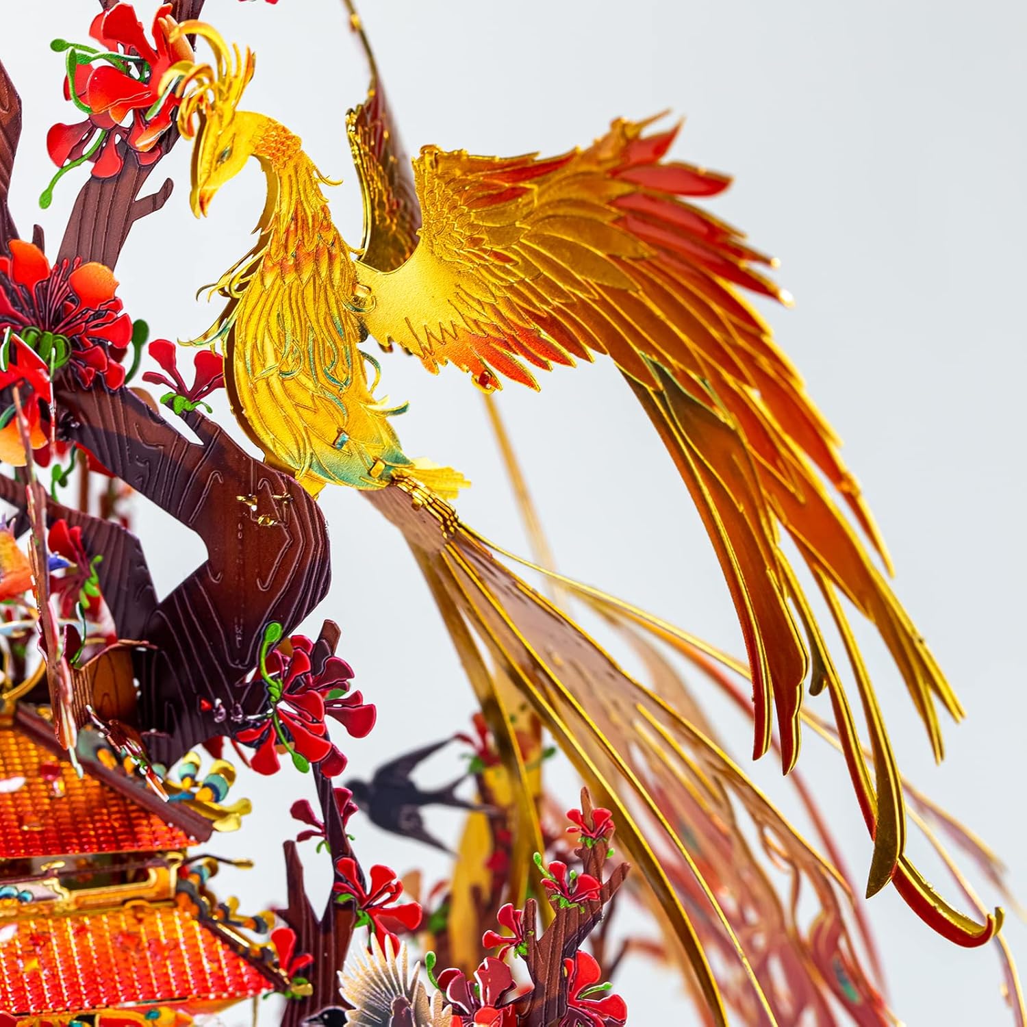 MU 3D Metal Puzzle Magic Fire Phoenix, Birds' Praise to Phoenix Metal Model Kits Building, Lighting Ancient Chinese Palace with Bracket DIY Miniature Building, Birthday Housewasrming Gift Home Decor