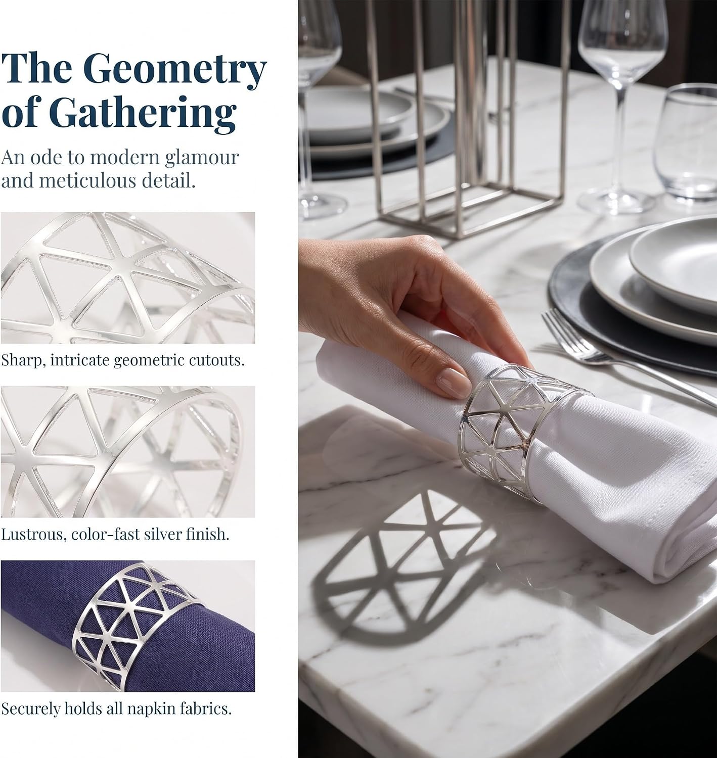 Hollow Triangle Napkin Rings 24pcs Metal Silver for Holiday Tables image 3