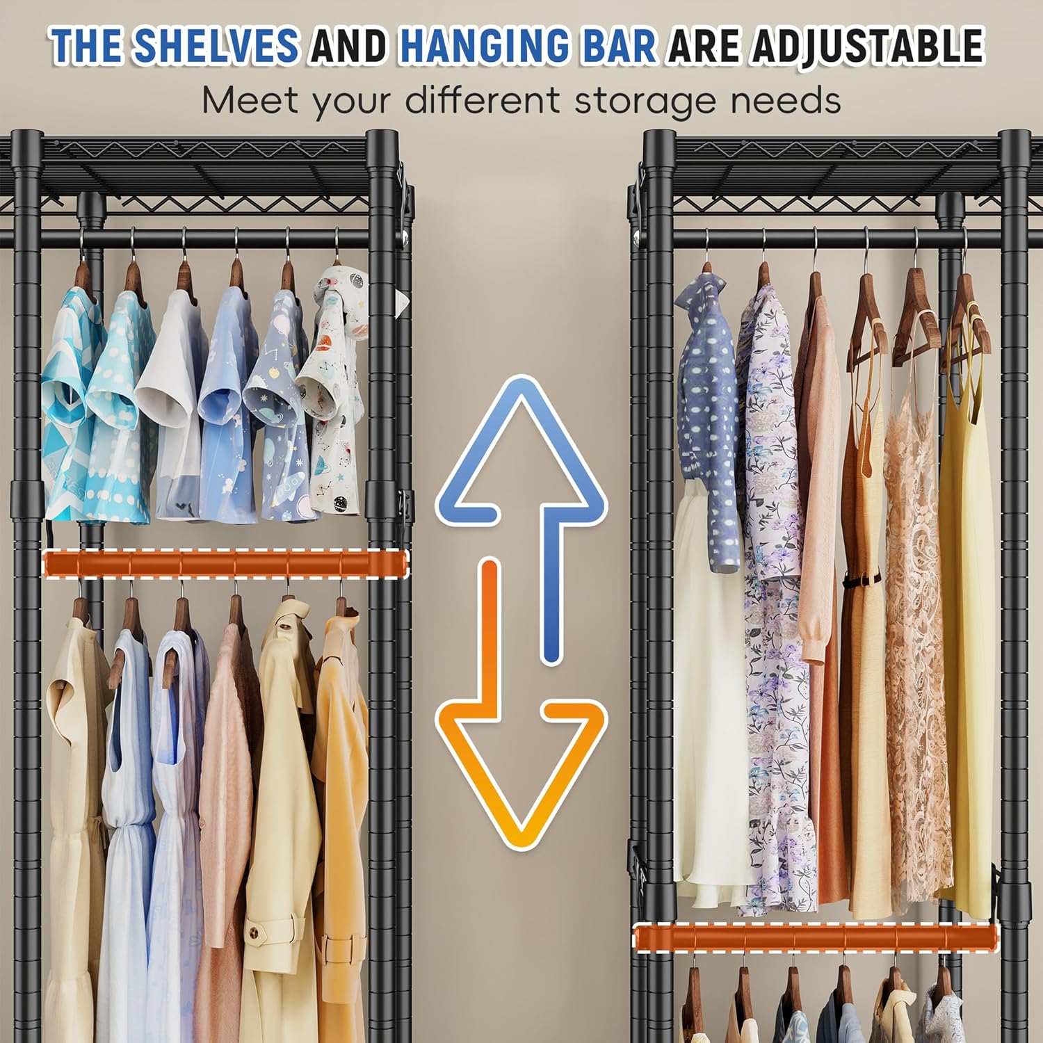 Z bliska view of the Raybee clothes rack showing adjustable hanging rods and shelves, with arrows indicating vertical adjustment.