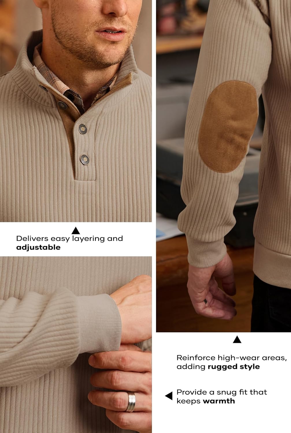 Men's Textured Sweatshirt Fleece Lined Thermal Elbow Patches Heavyweight Pullover Khaki Stripe S - Image 6