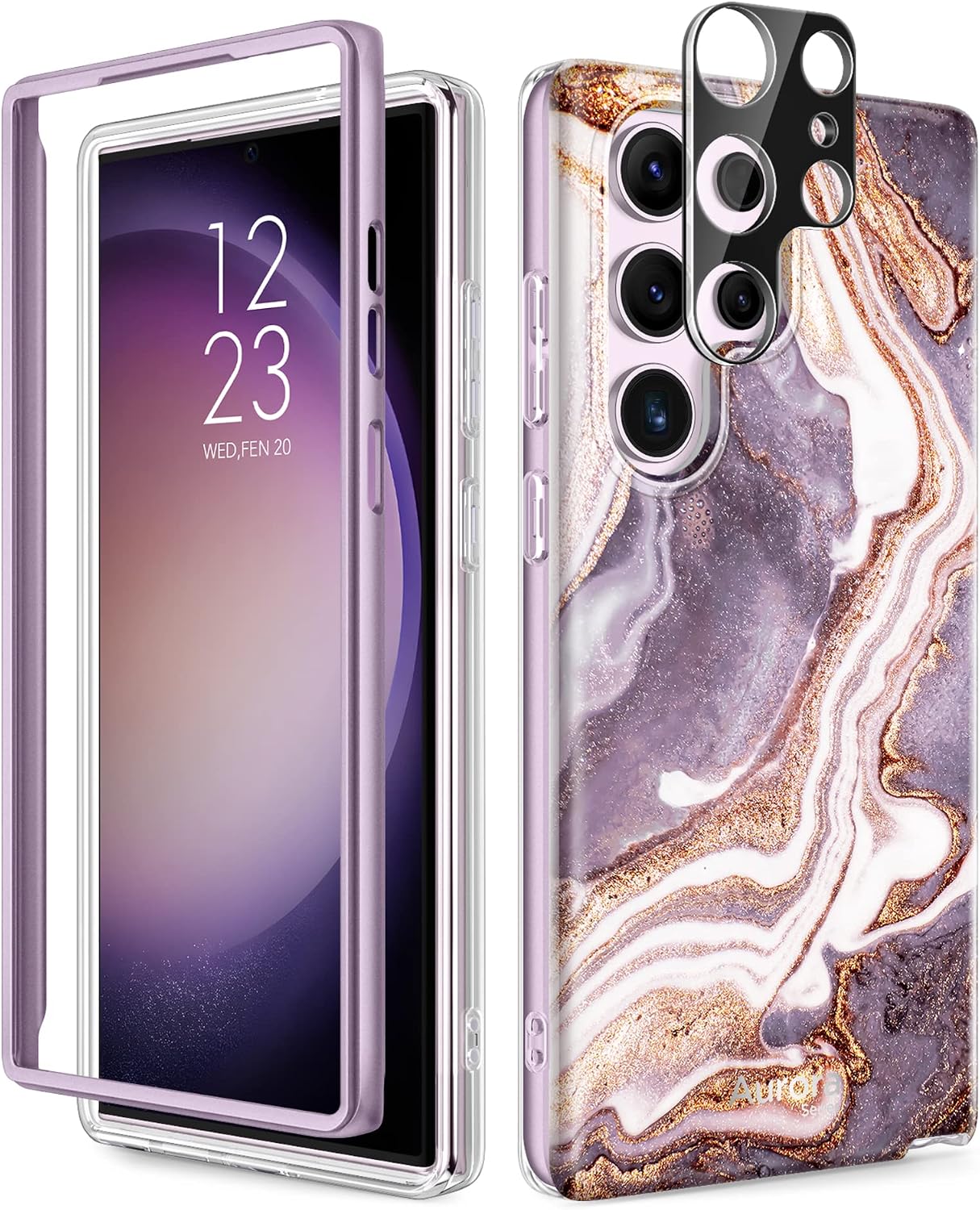 GVIEWIN for Samsung Galaxy S23 Ultra Case 5G 6.8", [Camera Lens Cover] Military Grade Shockproof, [No Built-in Screen Protector] Marble Hard Durable Protective Phone Cover(Burgundy/Gold)