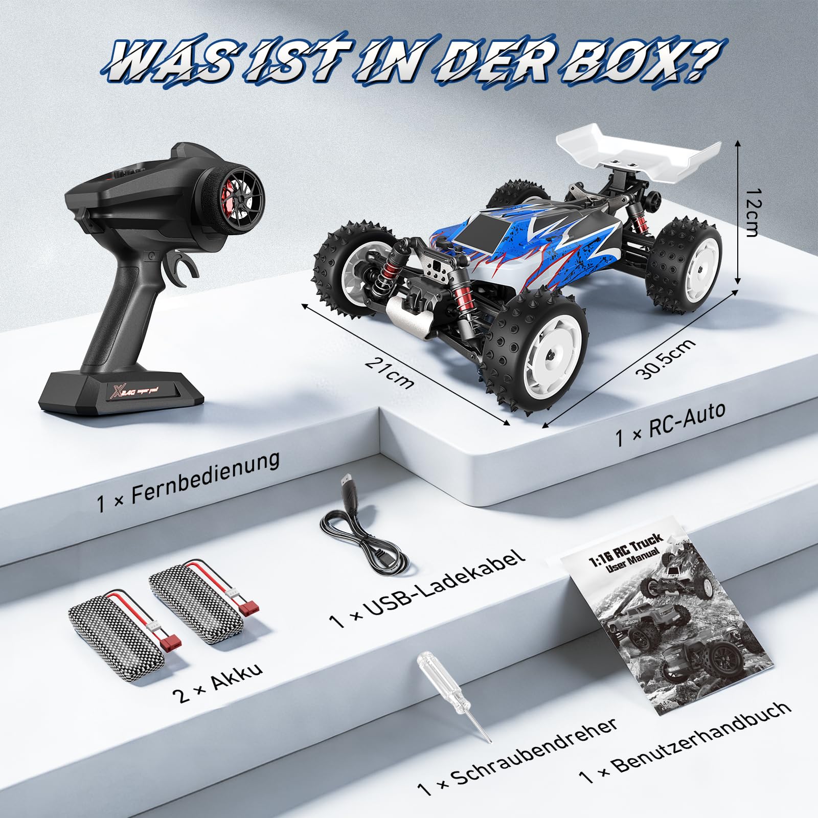 Auto telecomandata 1:16 fuoristrada, 36 km/h, RC Auto 4WD con motore 390, fuoristrada con 2 batterie, RC Truck per adulti e bambini, regalo per ragazzi