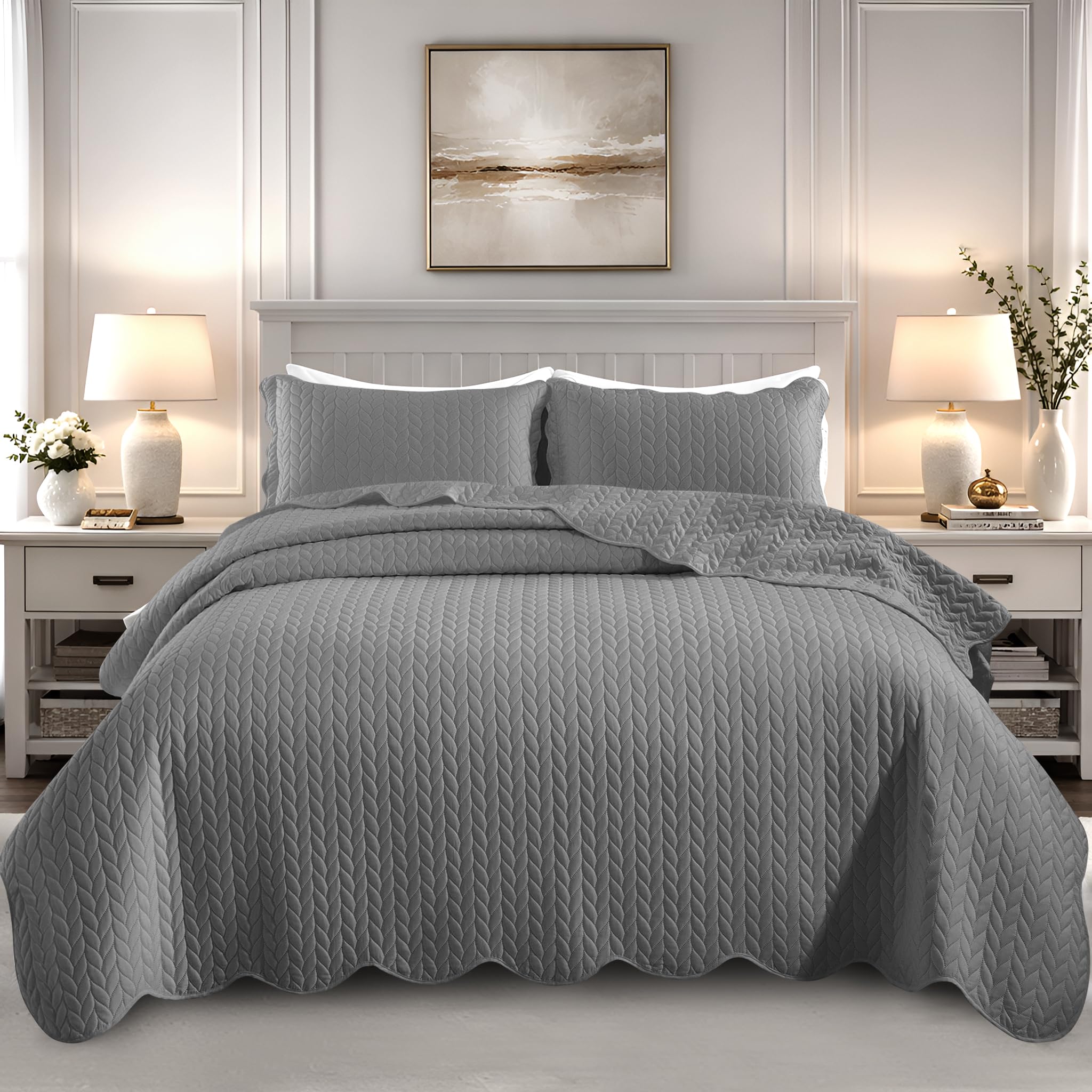 Quilts Queen Size Bedspread Coverlet Leaf Quilt Set (Grey, 90"x96")