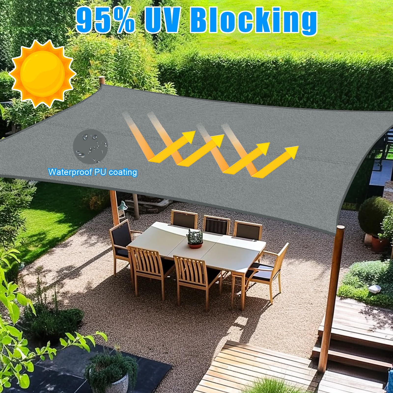Toldo Vela 3 X 3 m Impermeable, Toldo Vela Rectangular con Ojales, con Kit de Fijación, Transpirable, Protección UV, para Terraza, Jardín, Balcón, Camping, Piscina