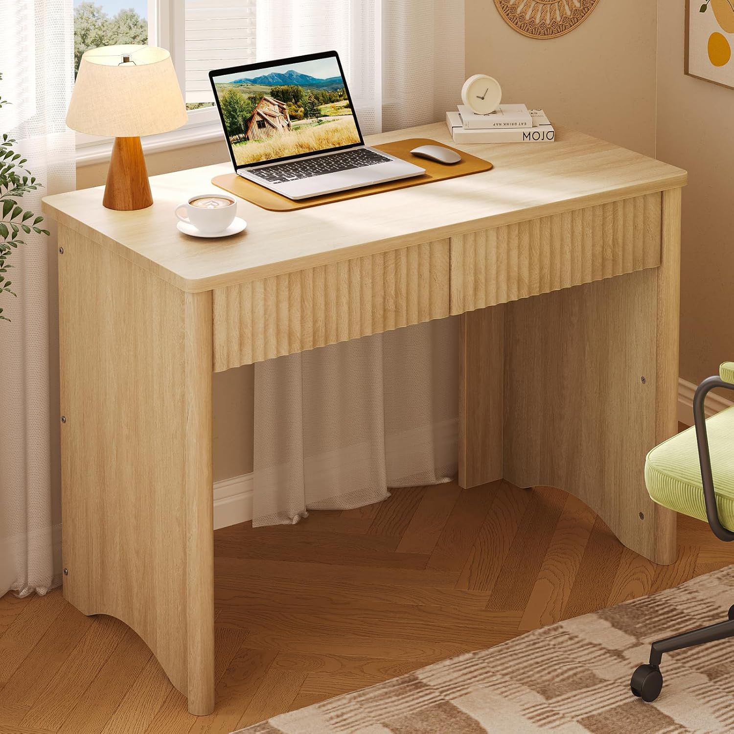 Bestier 40 Inch Fluted Wood Computer Desk with 2 Drawers - Compact Home Office Writing Desk for Small Spaces, Bedroom, Study