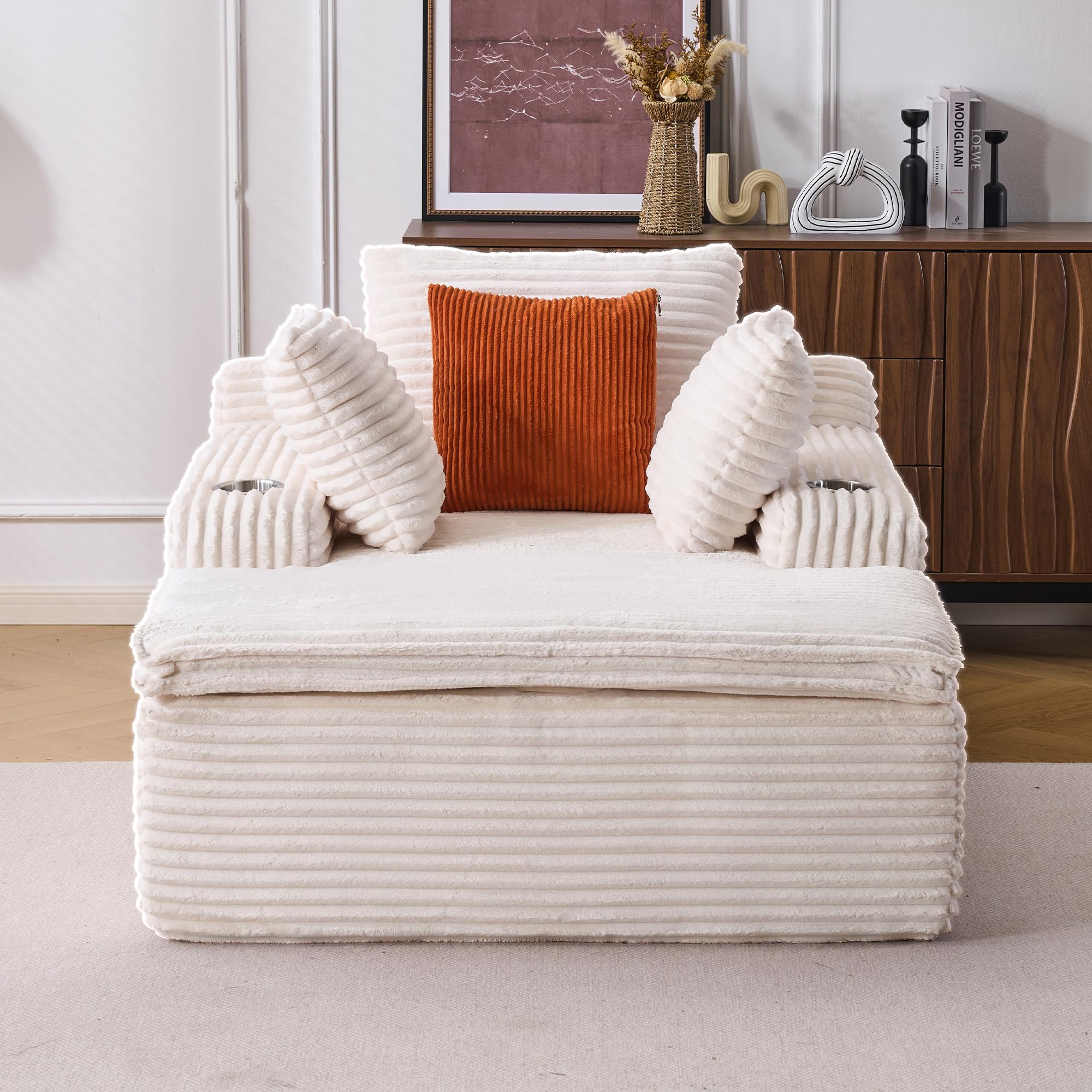 Boneless Couch Schlafsessel mit Chaise-Lounge – Modernes Cloud Sofa aus Cordstoff, 2-in-1 Kissen/Decke, kein Aufbau, für Wohnzimmer (Beige)