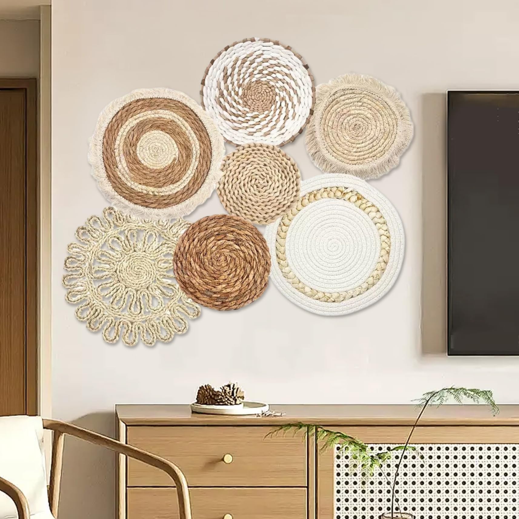 Panier mural tissé suspendu décor, paniers muraux boho 7pcs / régler différentes taille et style Boho panier décor paille et rond art décoratif pour le salon, chambre à coucher, ferme, pépinière