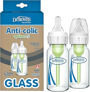 Dr. Brown's Anti-Colic Options+ Narrow Glass Baby Bottle with Level 1 Slow Flow Nipple, BPA-Free, 4 oz/120mL, 2-Pack