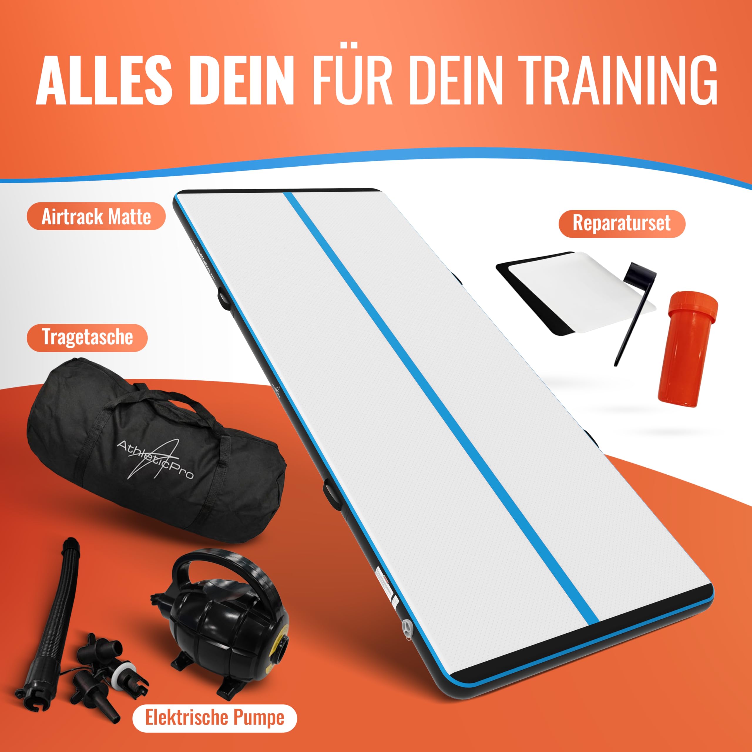 AthleticPro Airtrack Matte [3 m/4 m/5 m di lunghezza] – 120 cm di larghezza – 10/20 cm di altezza – Tappetino gonfiabile per ginnastica e acrobazie, con pompa elettrica, kit di riparazione e borsa