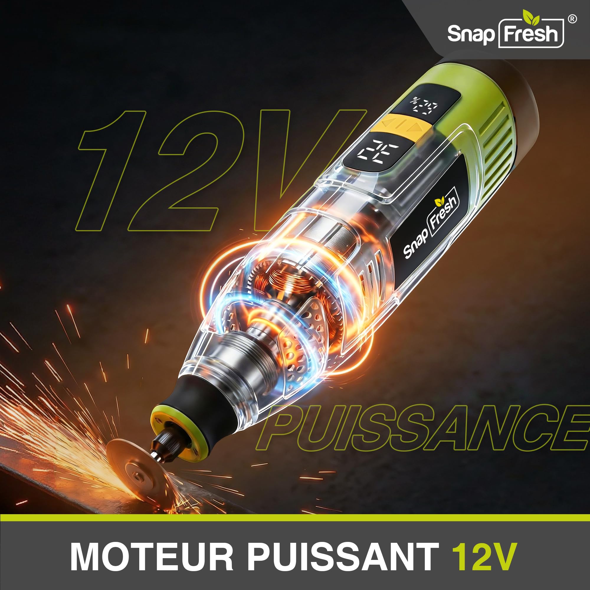 SnapFresh Outil Rotatif Multifonction Sans Fil 12V avec 111 Accessoires, Vitesse Variable 5000–32000tr/min, Affichage Numérique & Mémoire de Vitesse, pour Découpe, Ponçage, Perçage, Gravure, Polissage