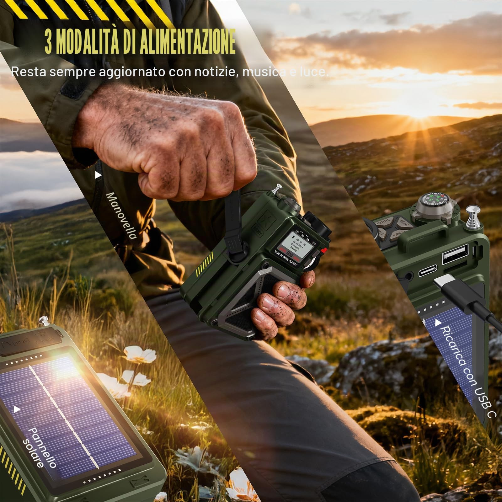 Radio portatile DAB/DAB+ e FM con Bluetooth 5.3, radio solare, radio a manovella ricaricabile con SOS, torcia, jack per auricolari, scheda SD, USB, 4000 mAh di emergenza Wind up Radio