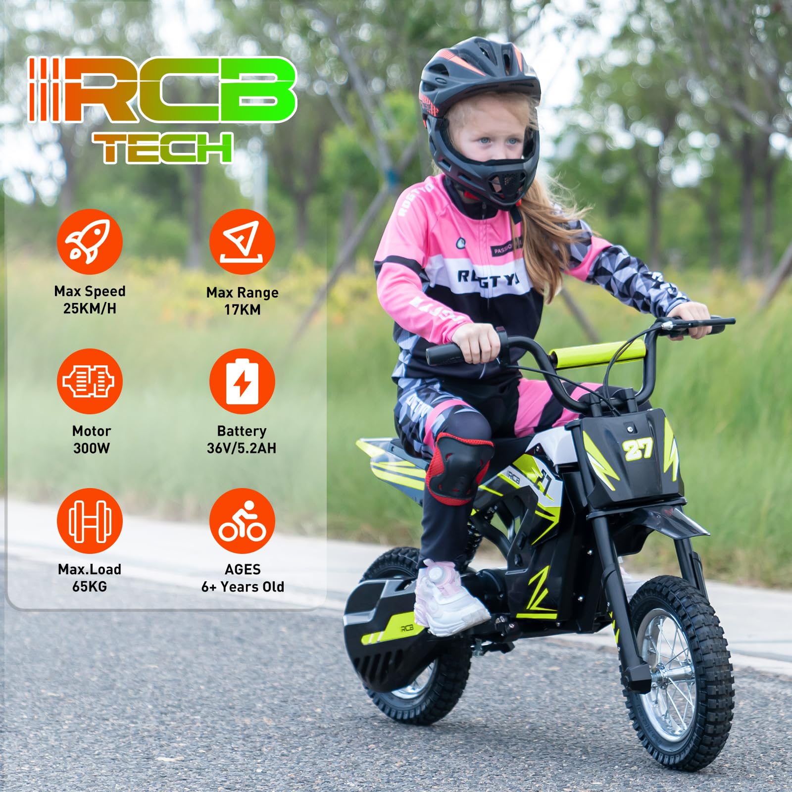 RCB TECH R9X Motocicletta elettrica per bambini, Motore potente, 3 modalità di velocità, Max 25 km/h, 5,2Ah Batteria, Portata massima 17 km, Pneumatici da 12 pollici, Moto da cross per Bambini