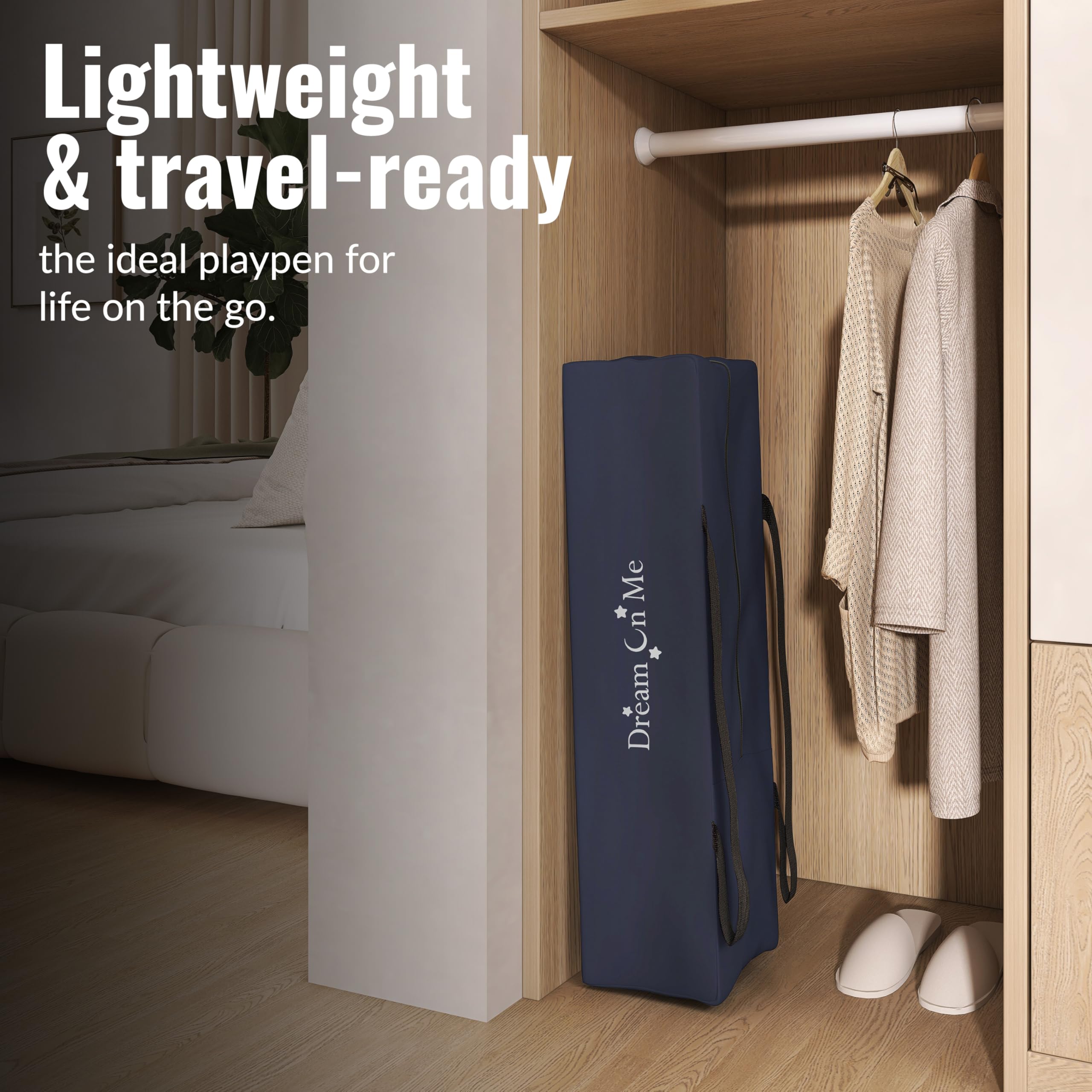 Dream On Me Zazzy Portable Playard with Bassinet - 360° Mesh Visibility, Quick Folding Travel Friendly Design, Carry Bag and Foldable Mattress Pad Included, Compact and Lightweight - Navy