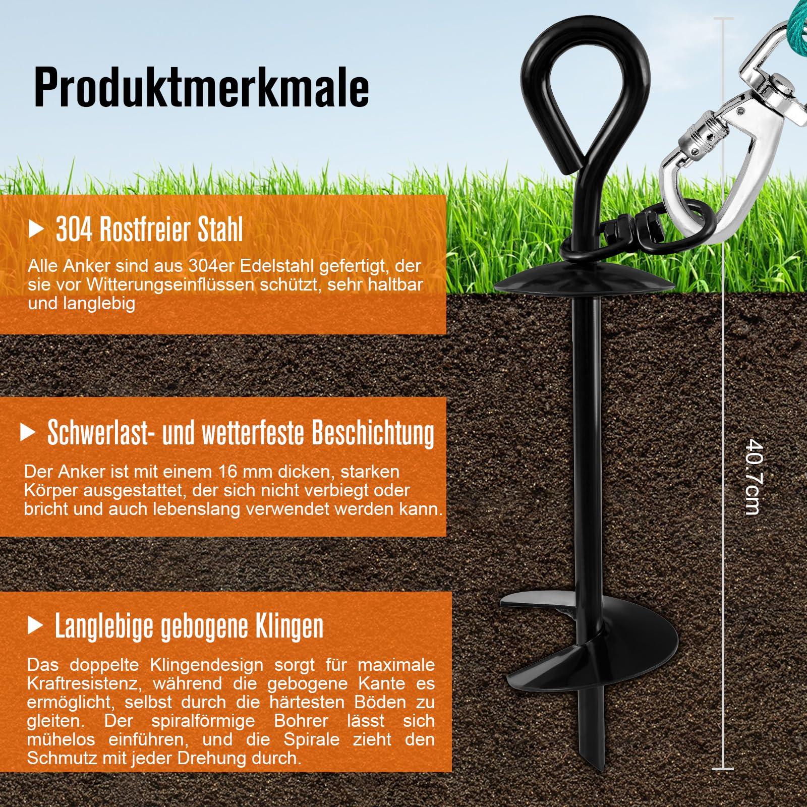 Snagle Paw Piquet d'ancrage pour chien extra résistant pour accrocher une chaîne dans le jardin ou le camping, ne se plie pas ou ne tire pas pour chiens de petite, moyenne ou grande taille, noir