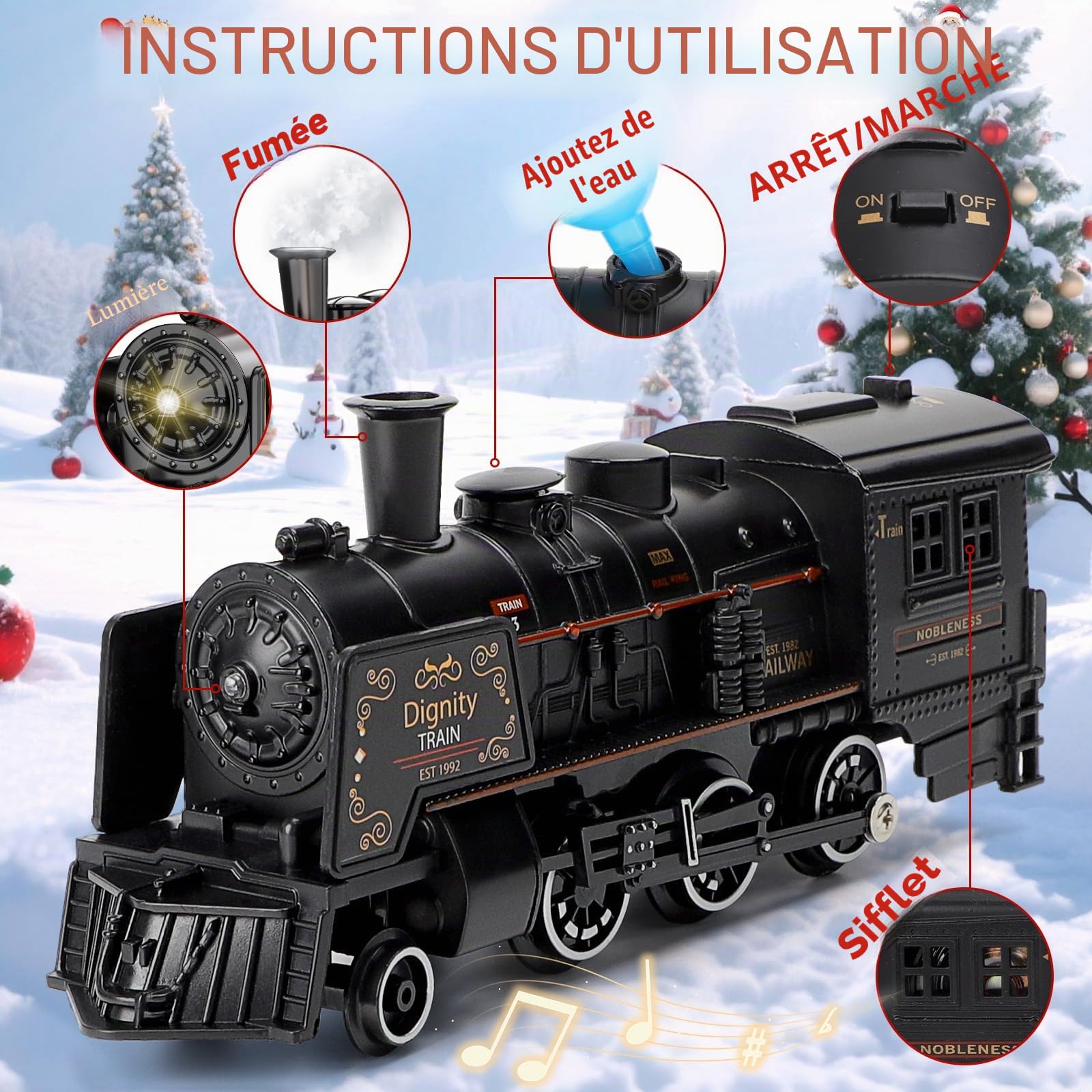 deAO Train pour Sapin de Noël, Train électrique Classique avec Rail Ovale - à Vapeur Nostalgique avec Aagons éclairés, Vapeur et Son - Cadeau Parfait pour Enfants de 3 4 5 6 Ans+, Noir