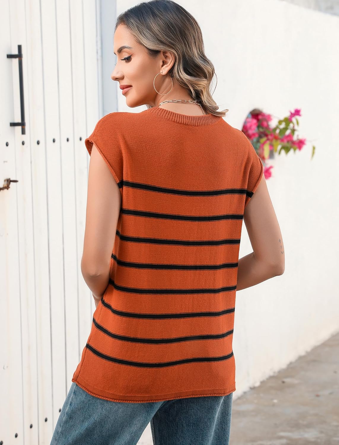 Neweek Women's Striped Knit Sleeveless Sweater Vests Crew Neck Lightweight Pullover Casual Loose Fit Spring Summer Top - Image 2