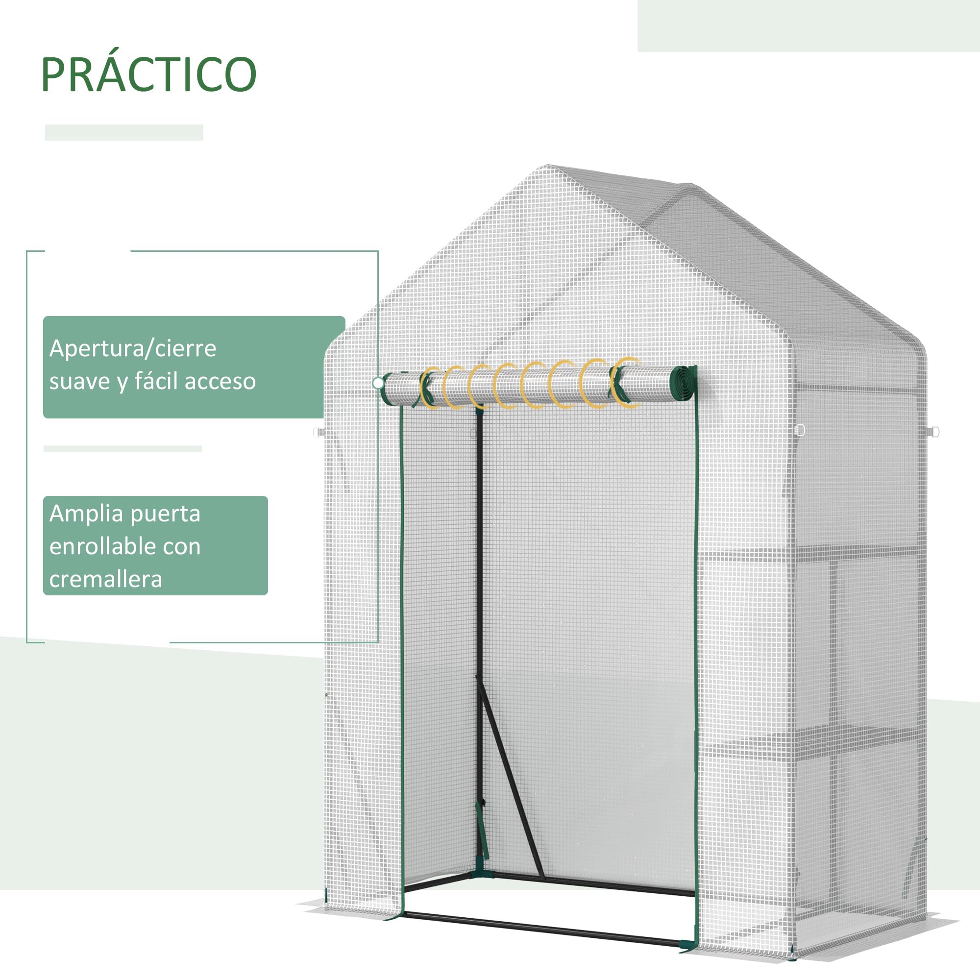 Outsunny Invernadero de Exterior Invernadero Pequeño con 2 Estantes Puerta Enrollable con Cremallera Marco de Acero y Cubierta de PE 140g/㎡ para Cultivos Plantas Flores 143x73x195 cm Blanco