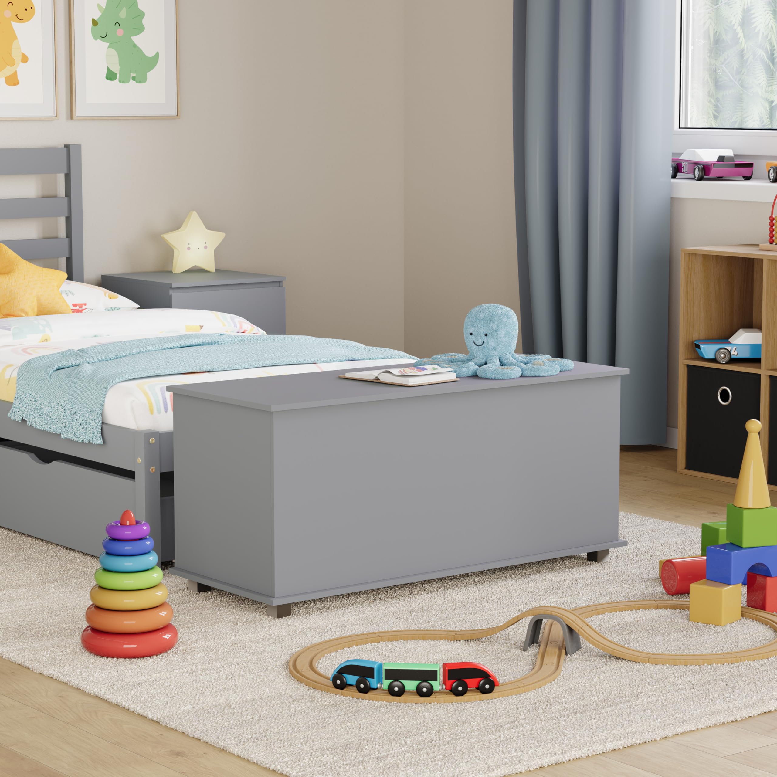 Vida Designs Leon - Caja de juguetes de madera para niños con tapa, fundas y mantas, contenedor ordenado para niños (gris)
