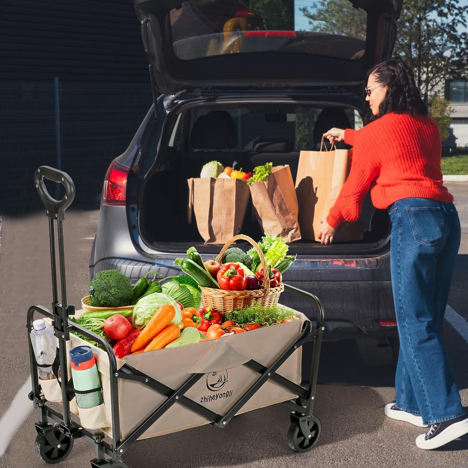 Folding Wagon Cart, Portable Large Capacity Beach?Heavy Duty Utility Collapsible with All-Terrain Wheels?Cart Foldable Wagon for Camping,Shopping,Beach, Garden(Beige)