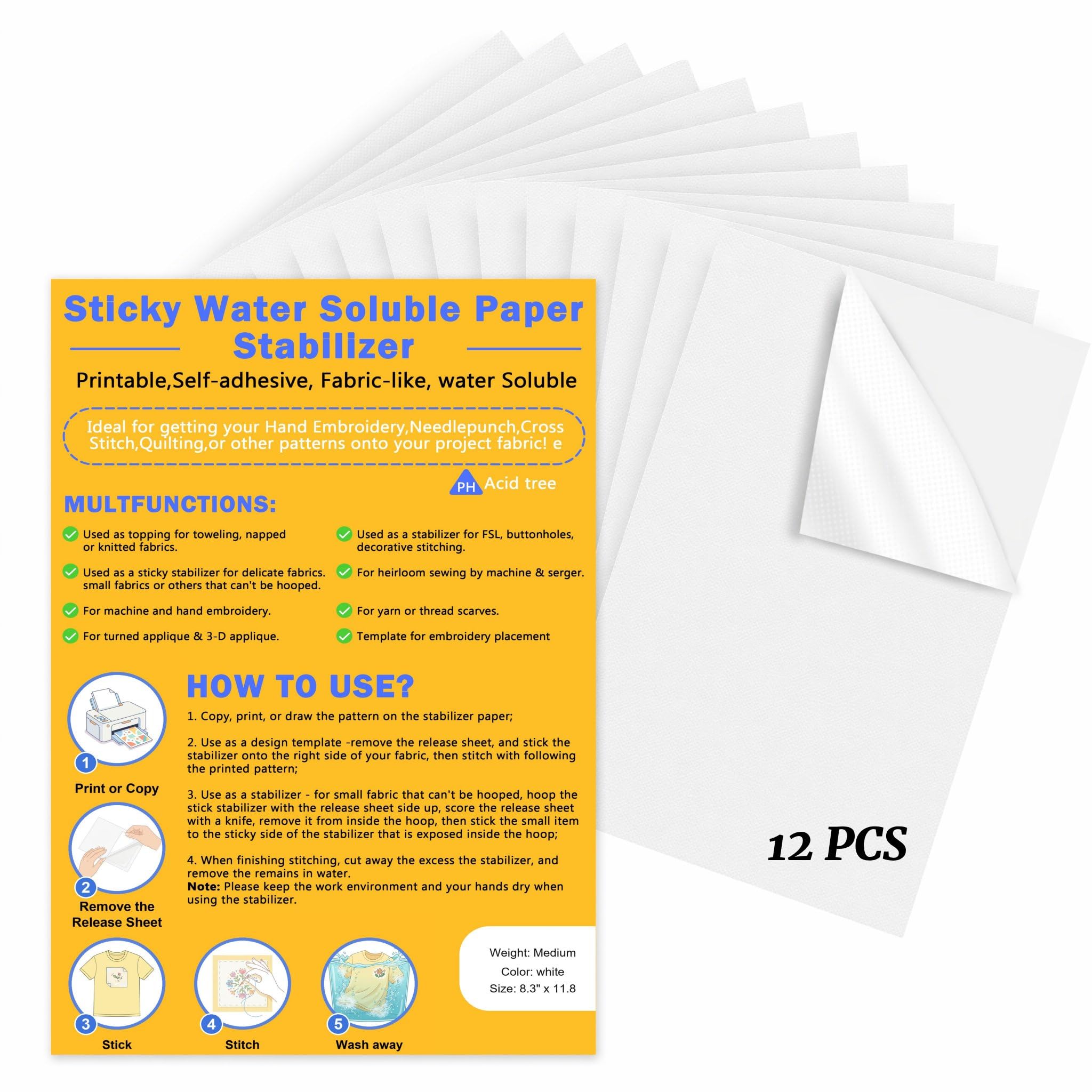 12 Blätter Sticken Selbstklebend Wasserlöslich A4 Stickpapier Drucker | A4 bedruckbare Blätter, selbstklebende Rückseite, löst sich rückstandslos auf, stoffähnliche Textur, Hand- & Maschinensticken